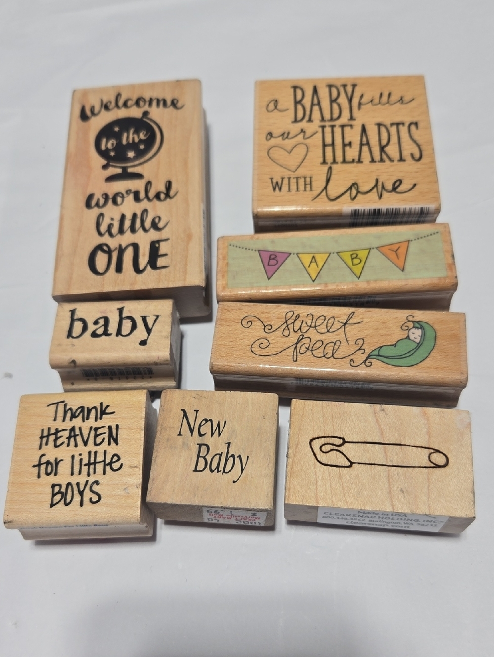 Lot 31- Set of Wooden Baby Sentiment Stamps - Neutral Wood